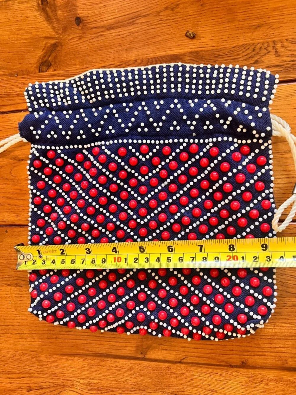 Vintage Beaded Navy Blue & White Drawstring Pouch With Red Accents - 8